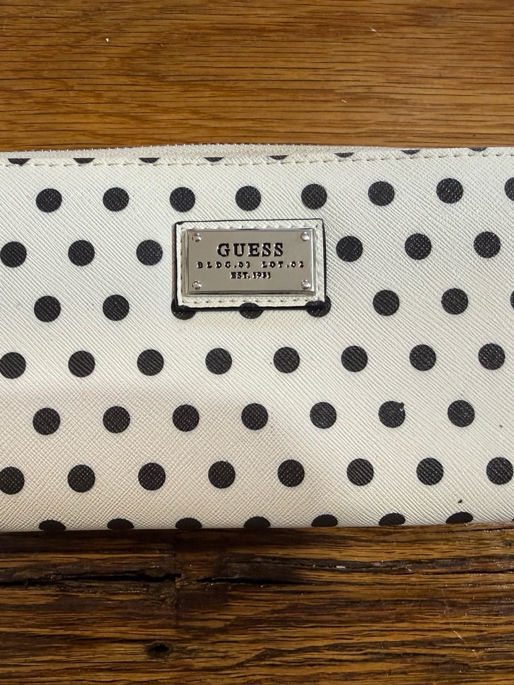 GUESS White Wallet with Black Polka Dots and Silver Logo Plate